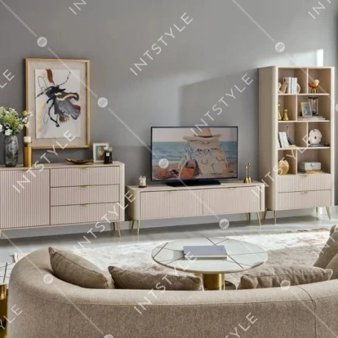 Тумба под телевизор Perfect Home Ланте / Lante 2-дверная с золотыми ножками 2D/163 Беж - Фото 9