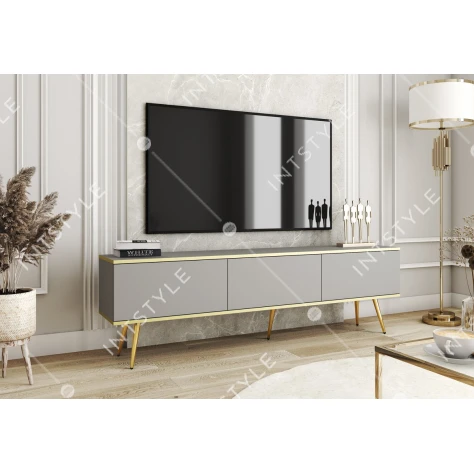 Тумба под телевизор Perfect Home Оро / Oro 3-дверная с золотыми ножками RTV175 Серый - Фото 1