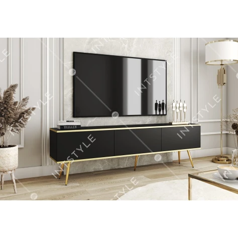 Тумба под телевизор Perfect Home Oro / Оро 3-дверная с золотыми ножками RTV175 Черный - Фото 1