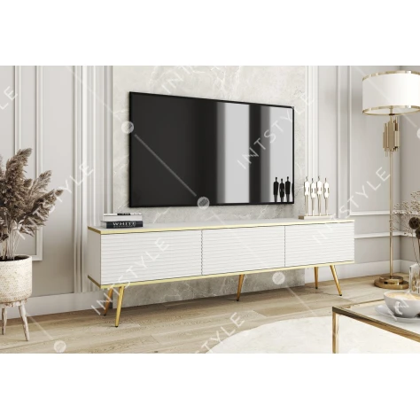 Тумба под телевизор Perfect Home Оро / Oro 3-дверная с золотыми ножками RTV175 MDF Белый - Фото 1