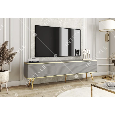 Тумба під телевізор Perfect Home Оро / Oro 3-дверна з золотими ніжками RTV175 MDF Сірий - Фото 1