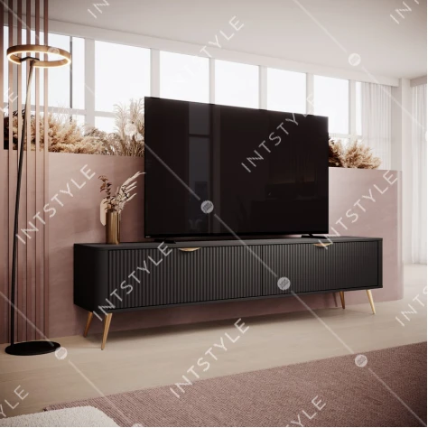 Тумба под телевизор Perfect Home Ланте / Lante 2-дверная с золотыми ножками 2D/200 Чёрный - Фото 1